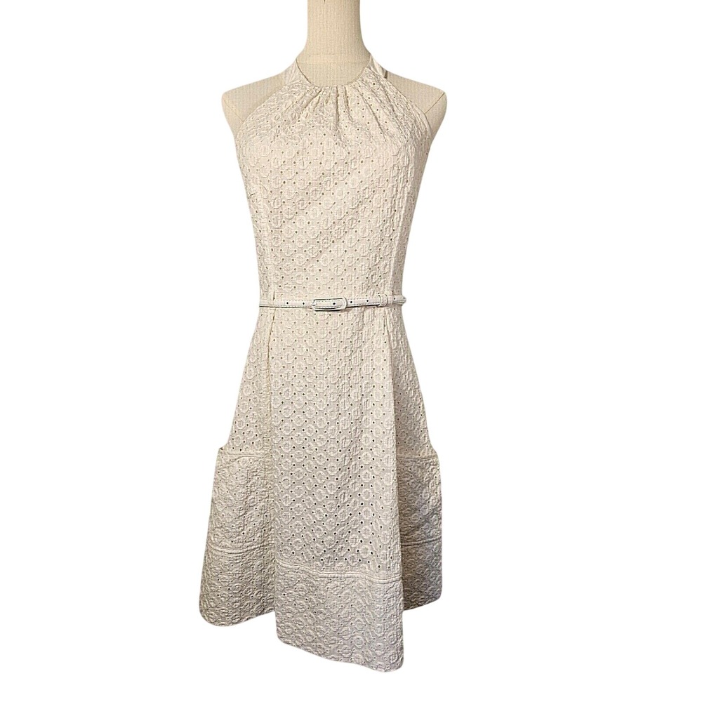 London Times White Eyelet Halter Dress with Belt and Pockets Fully Lined Size 8